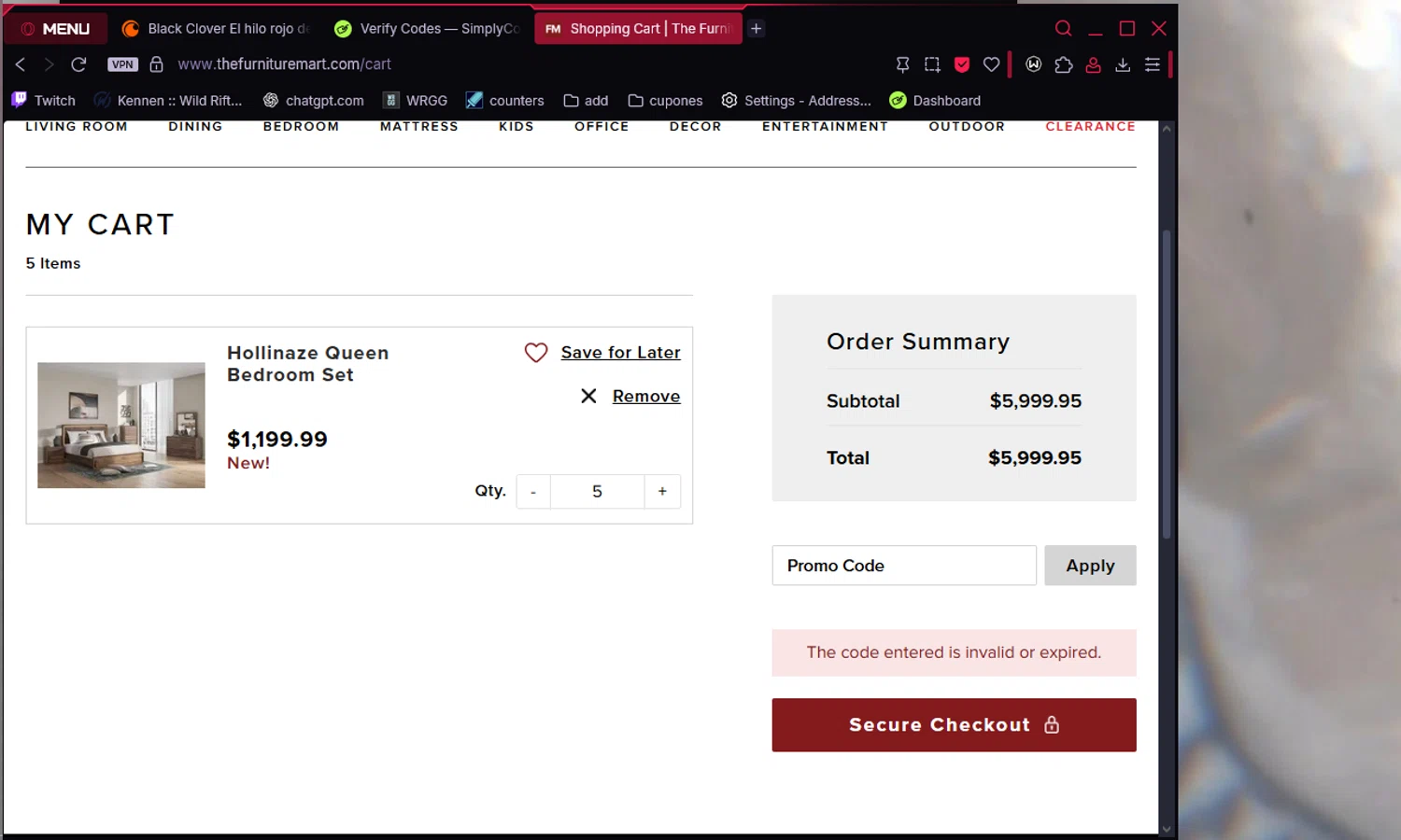 The Furniture Mart checkout page showing The Furniture Mart promo code box | Screenshot taken by SimplyCodes community member on Aug 5, 2025