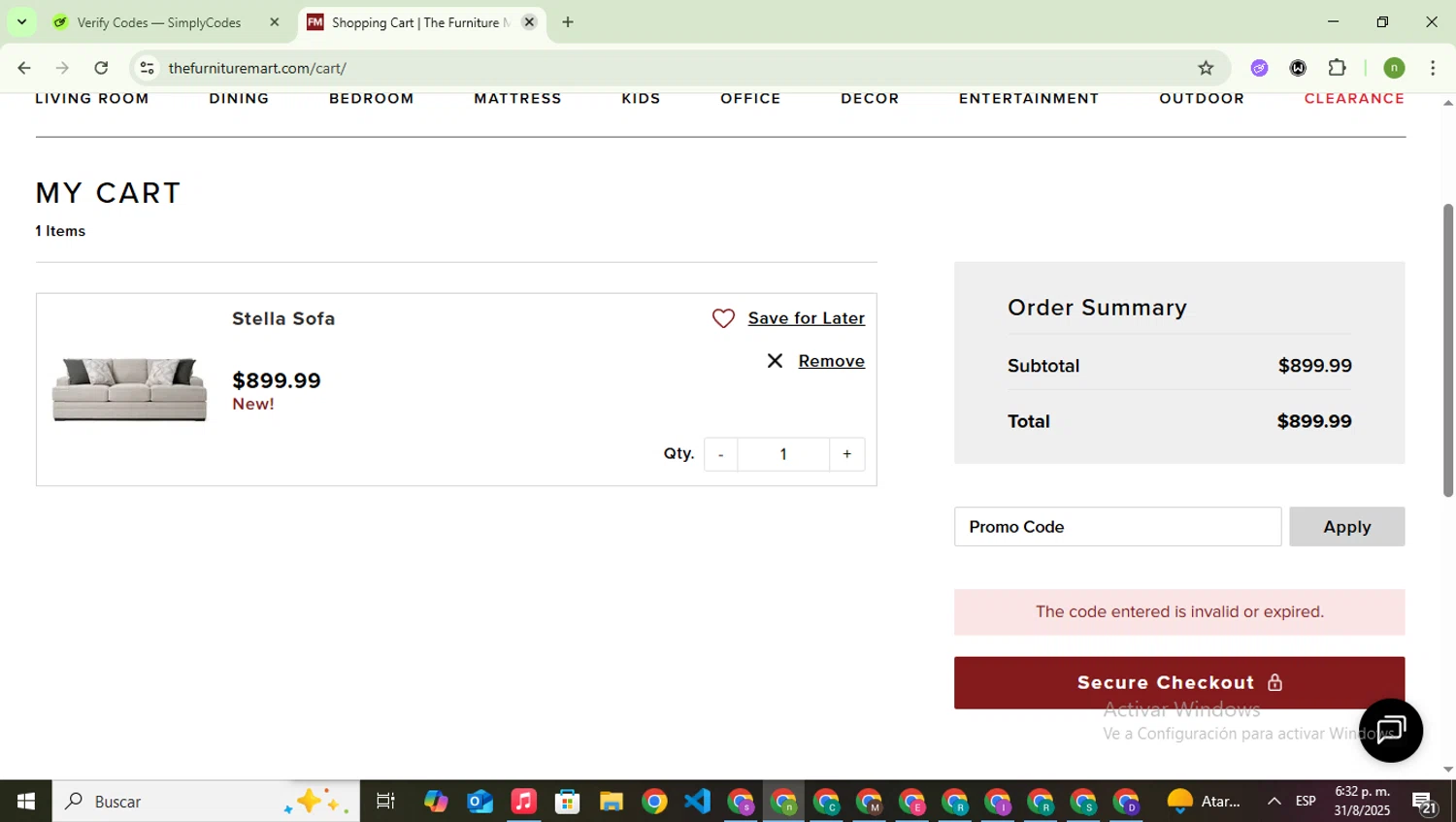 The Furniture Mart promo code screenshot showing code DOORBUSTERS applied at The Furniture Mart checkout page. Uploaded by SimplyCodes community member SwiftSaver6197 on Aug 31, 2025