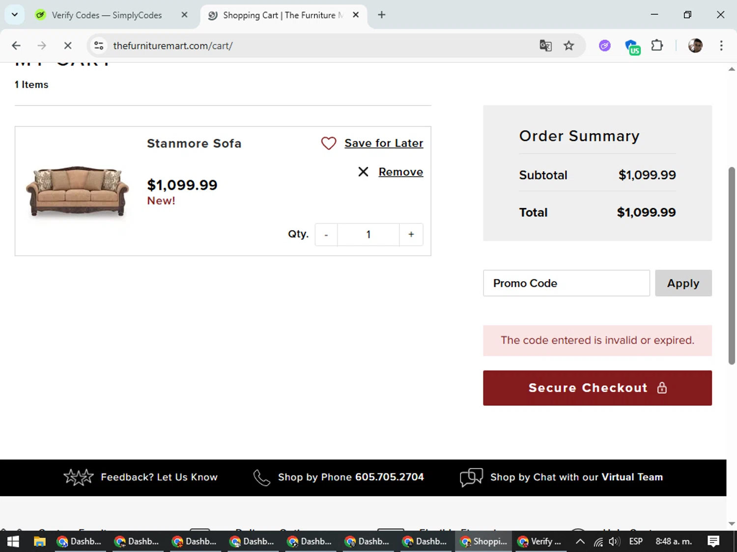 The Furniture Mart promo code screenshot showing code SHOPDEALS applied at The Furniture Mart checkout page. Uploaded by SimplyCodes community member DiscountSeeker682 on Aug 5, 2025