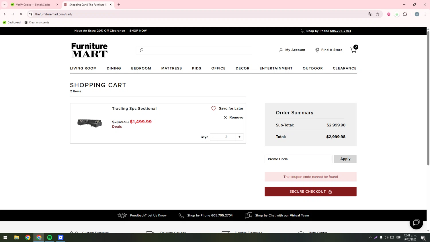 The Furniture Mart promo code screenshot showing code REDTAG applied at The Furniture Mart checkout page. Uploaded by SimplyCodes community member ValueHawk3038 on Dec 9, 2025