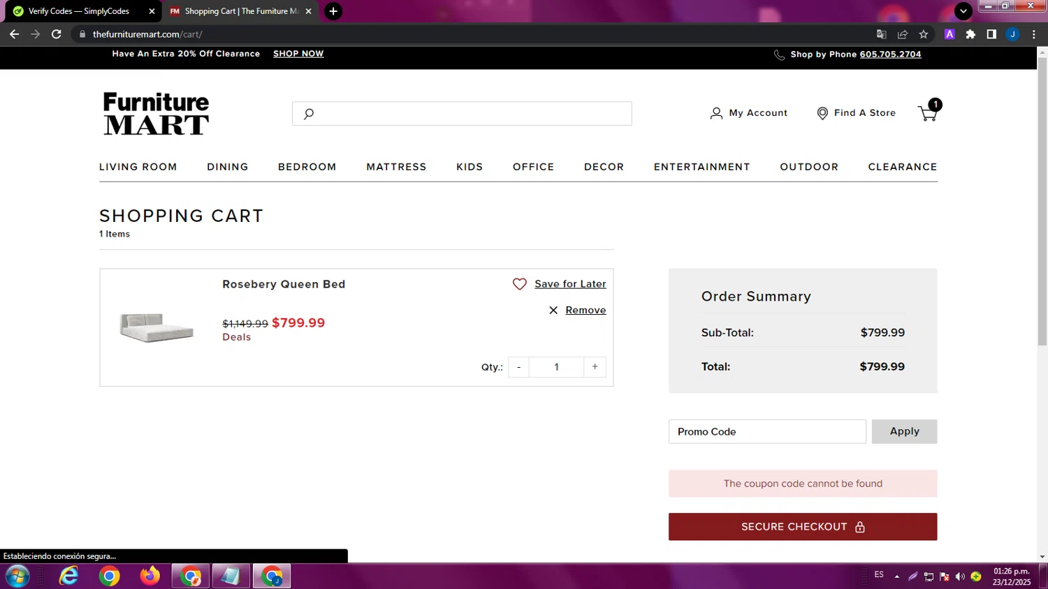 The Furniture Mart promo code screenshot showing code SHOPTHEREDTAGSALE applied at The Furniture Mart checkout page. Uploaded by SimplyCodes community member ExtraordinaryPhoenix9295 on Dec 23, 2025