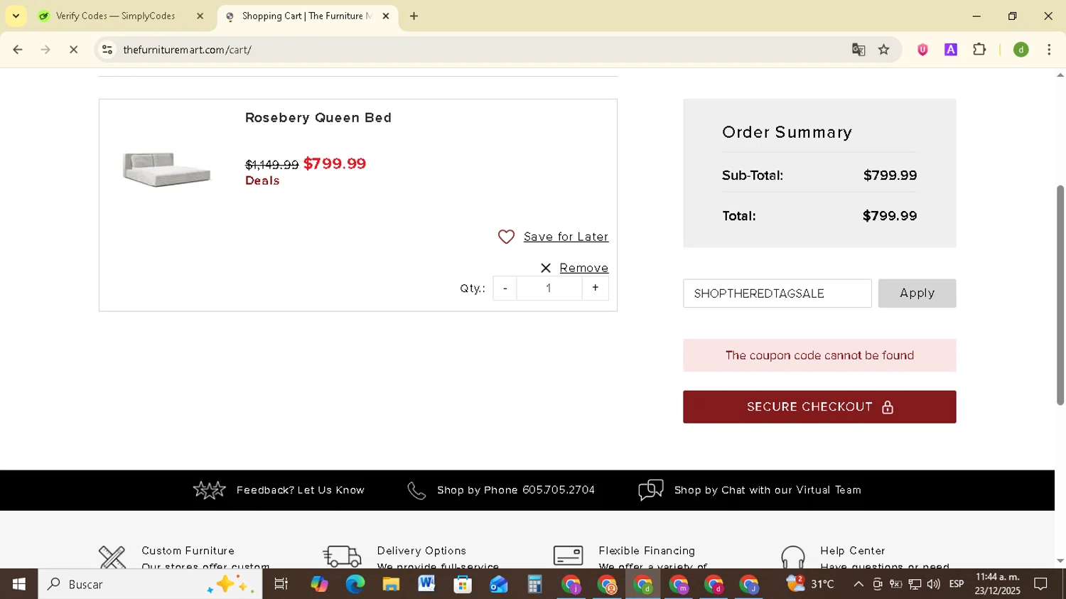 The Furniture Mart promo code screenshot showing code SHOPTHEREDTAGSALE applied at The Furniture Mart checkout page. Uploaded by SimplyCodes community member SavingsSentinel833 on Dec 23, 2025