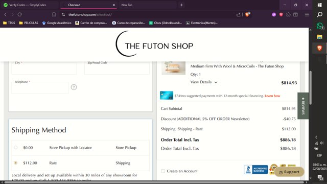 The Futon Shop checkout page showing The Futon Shop discount code box | Screenshot taken by SimplyCodes community member on Aug 22, 2025