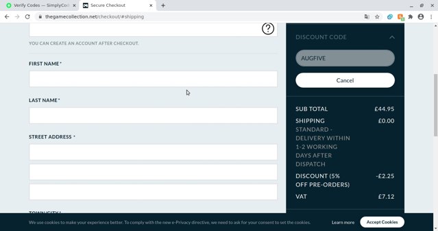 The Game Collection checkout page showing The Game Collection discount code box | Screenshot taken by SimplyCodes community member on Aug 20, 2020