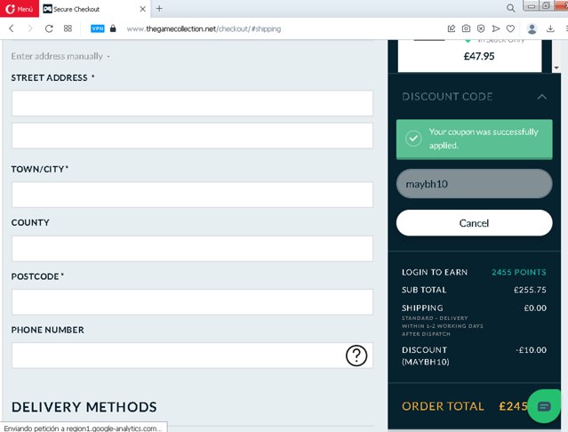 The Game Collection checkout page showing The Game Collection discount code box | Screenshot taken by SimplyCodes community member on May 23, 2025