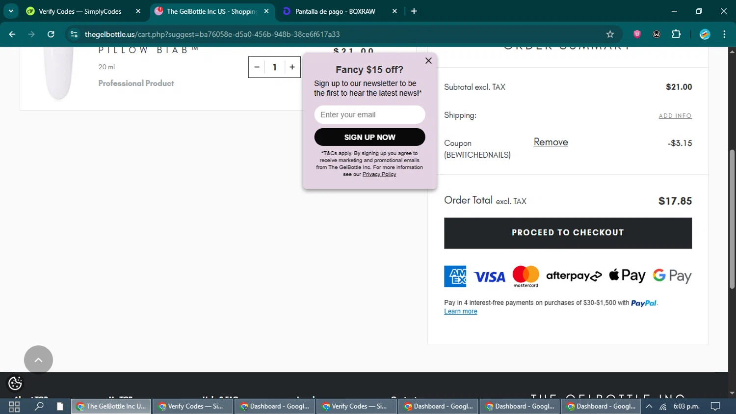 The Gel Bottle US checkout page showing The Gel Bottle US coupon code box | Screenshot taken by SimplyCodes community member on Jan 31, 2026