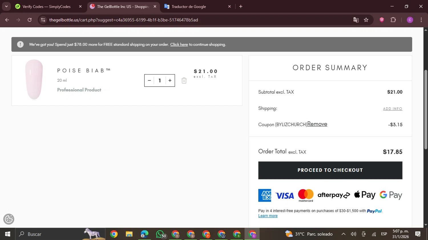 The Gel Bottle US checkout page showing The Gel Bottle US coupon code box | Screenshot taken by SimplyCodes community member on Jan 31, 2026