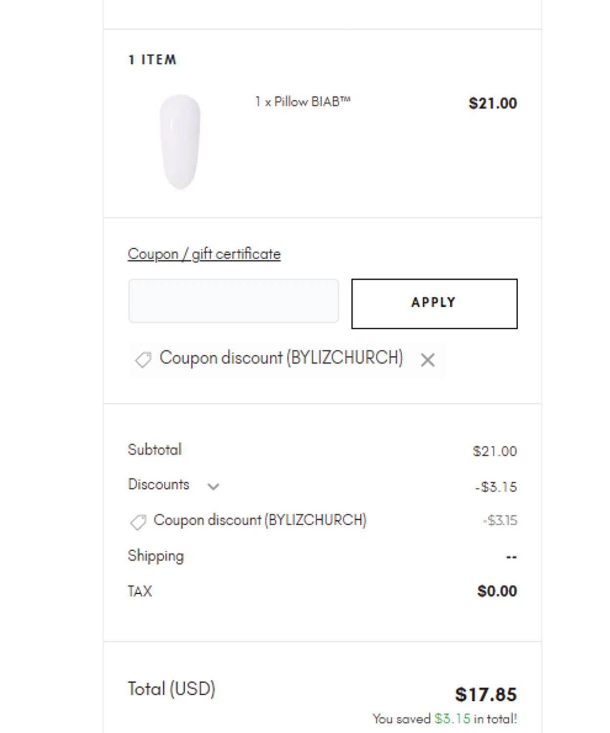 The Gel Bottle US coupon code screenshot showing code BYLIZCHURCH applied at The Gel Bottle US checkout page. Uploaded by SimplyCodes community member SilverMakeup on Jan 31, 2026