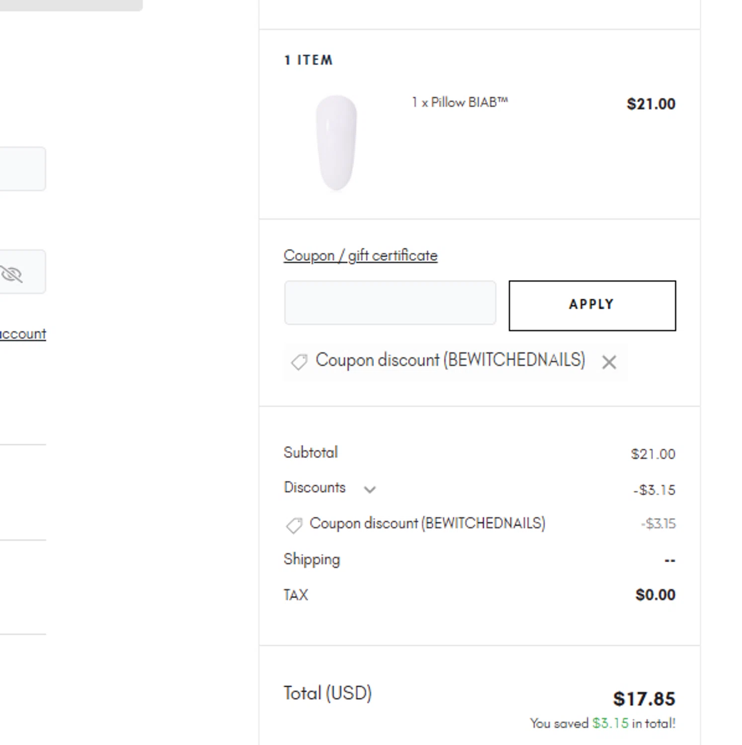 The Gel Bottle US coupon code screenshot showing code BEWITCHEDNAILS applied at The Gel Bottle US checkout page. Uploaded by SimplyCodes community member SilverMakeup on Jan 31, 2026