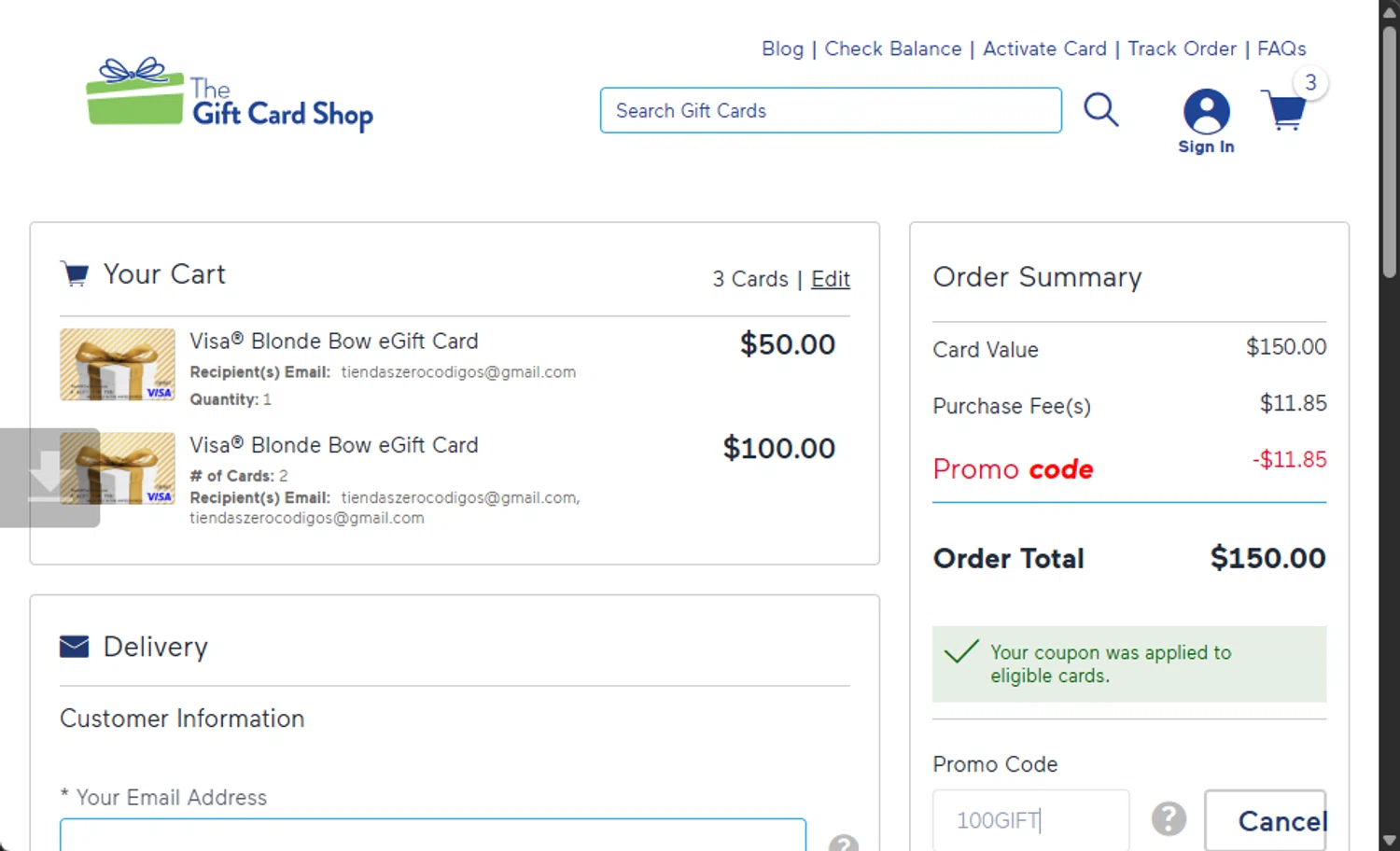The Gift Card Shop promo code screenshot showing code 100GIFT applied at The Gift Card Shop checkout page. Uploaded by SimplyCodes community member 111111 on Nov 23, 2025