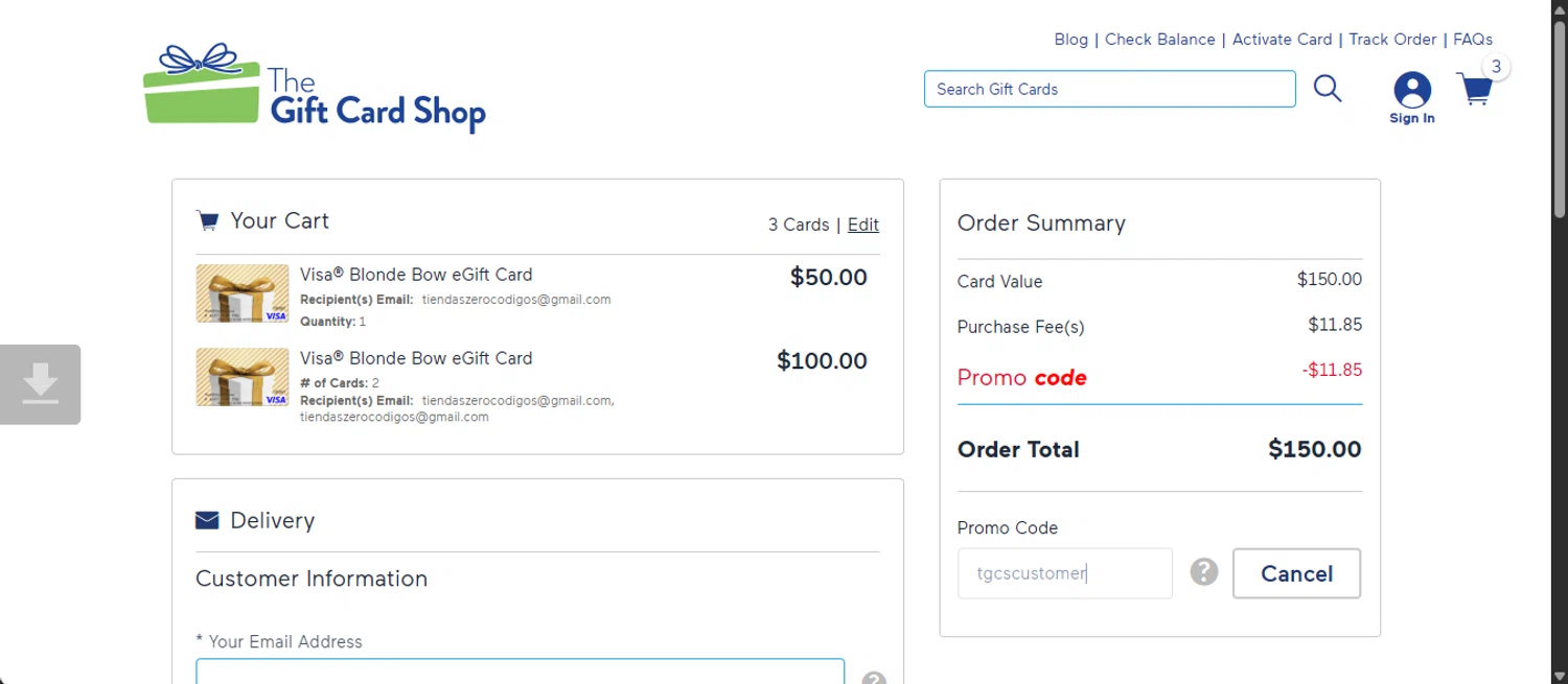 The Gift Card Shop promo code screenshot showing code TGCSCUSTOMER applied at The Gift Card Shop checkout page. Uploaded by SimplyCodes community member 111111 on Nov 23, 2025