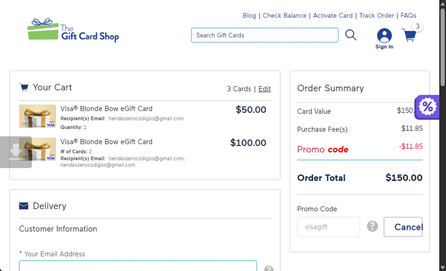 The Gift Card Shop promo code screenshot showing code visagift applied at The Gift Card Shop checkout page. Uploaded by SimplyCodes community member 111111 on Nov 23, 2025