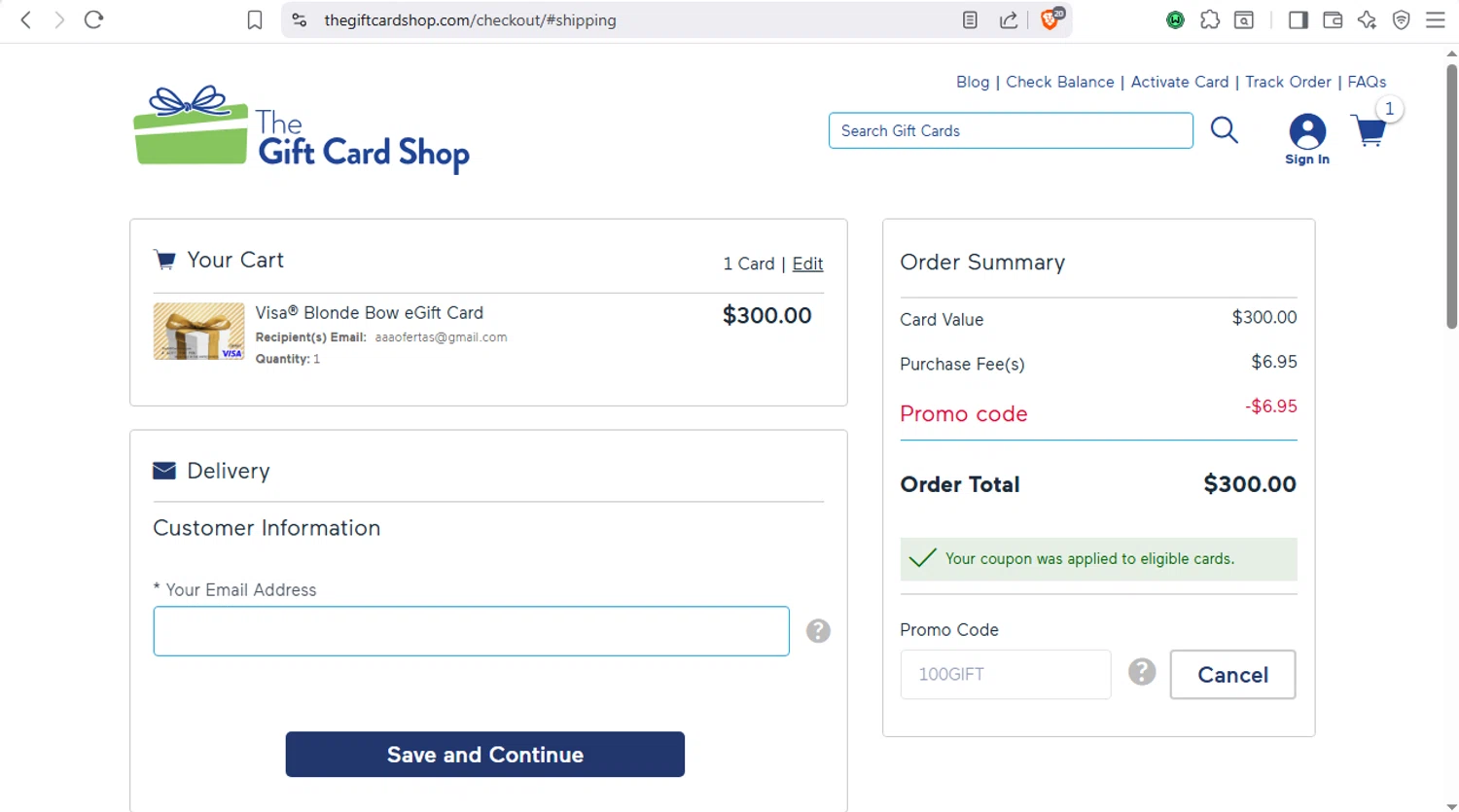The Gift Card Shop promo code screenshot showing code 100GIFT applied at The Gift Card Shop checkout page. Uploaded by SimplyCodes community member dayselis15 on Nov 23, 2025