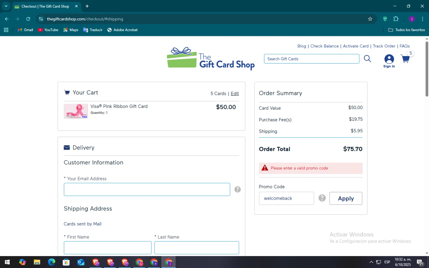 The Gift Card Shop promo code screenshot showing code welcomeback applied at The Gift Card Shop checkout page. Uploaded by SimplyCodes community member TokenSaver1205 on Oct 6, 2025