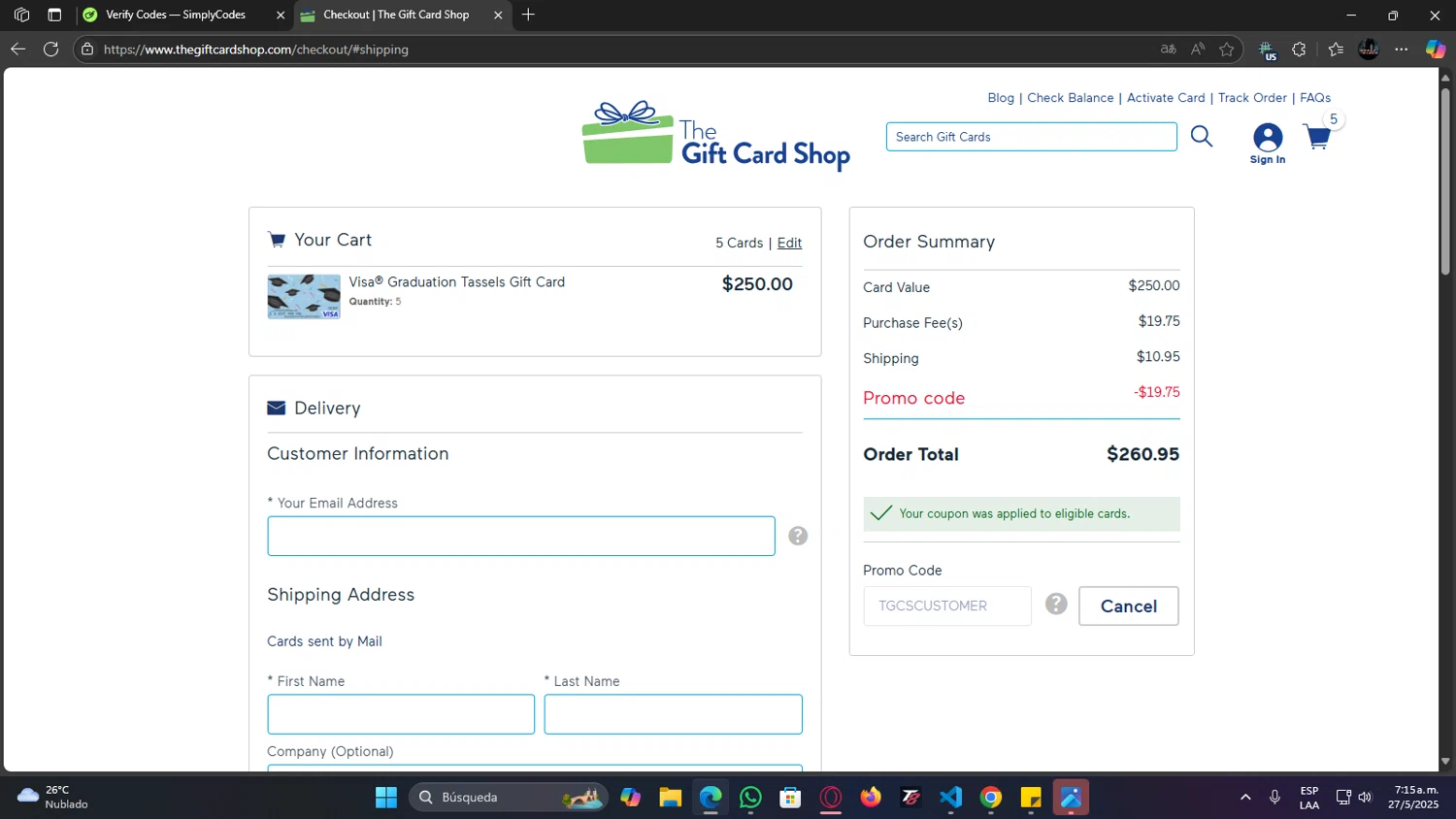 The Gift Card Shop promo code screenshot showing code TGCSCUSTOMER applied at The Gift Card Shop checkout page. Uploaded by SimplyCodes community member MoneyGenius452 on May 27, 2025