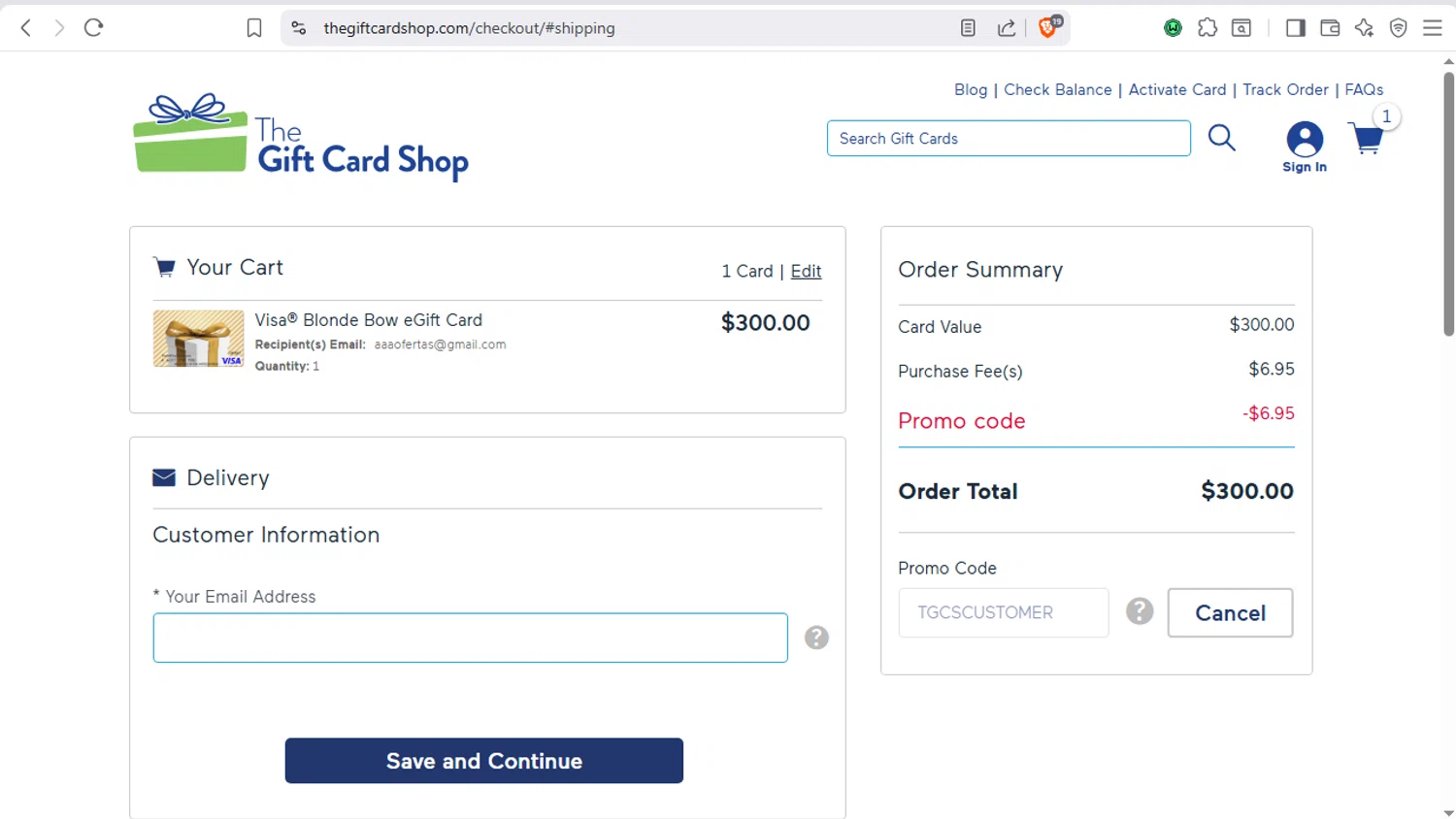 The Gift Card Shop promo code screenshot showing code TGCSCUSTOMER applied at The Gift Card Shop checkout page. Uploaded by SimplyCodes community member dayselis15 on Nov 23, 2025