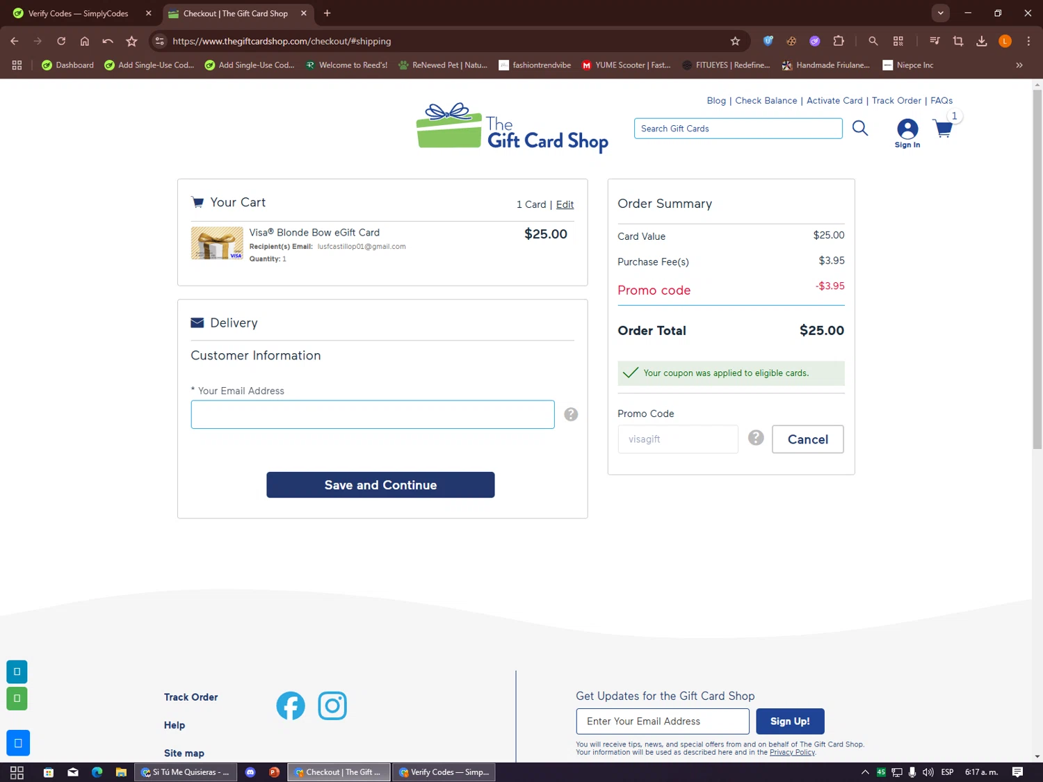 The Gift Card Shop promo code screenshot showing code visagift applied at The Gift Card Shop checkout page. Uploaded by SimplyCodes community member Alalee on Dec 22, 2025