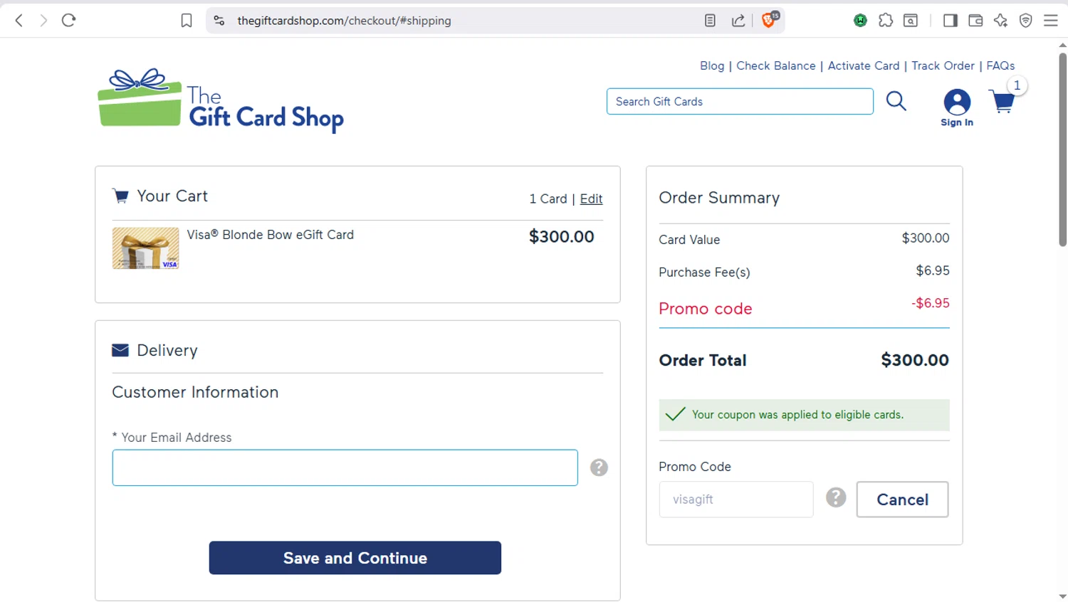 The Gift Card Shop promo code screenshot showing code visagift applied at The Gift Card Shop checkout page. Uploaded by SimplyCodes community member dayselis15 on Nov 23, 2025