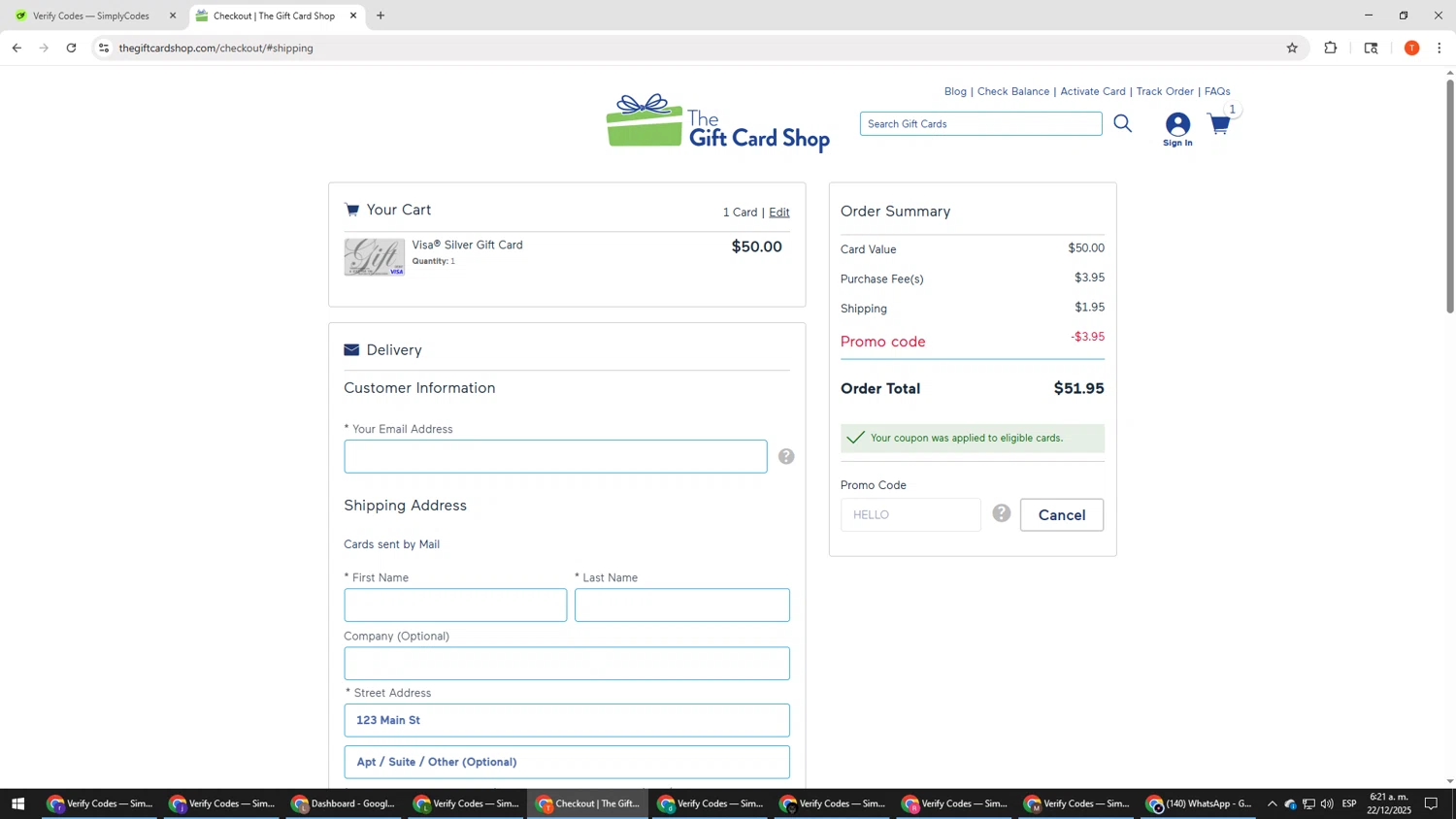 The Gift Card Shop promo code screenshot showing code HELLO applied at The Gift Card Shop checkout page. Uploaded by SimplyCodes community member HHHHHHH on Dec 22, 2025