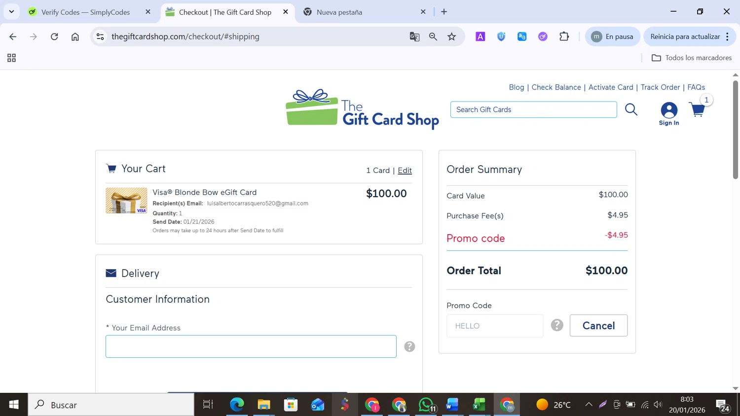 The Gift Card Shop promo code screenshot showing code HELLO applied at The Gift Card Shop checkout page. Uploaded by SimplyCodes community member MANUELURBINA on Jan 20, 2026