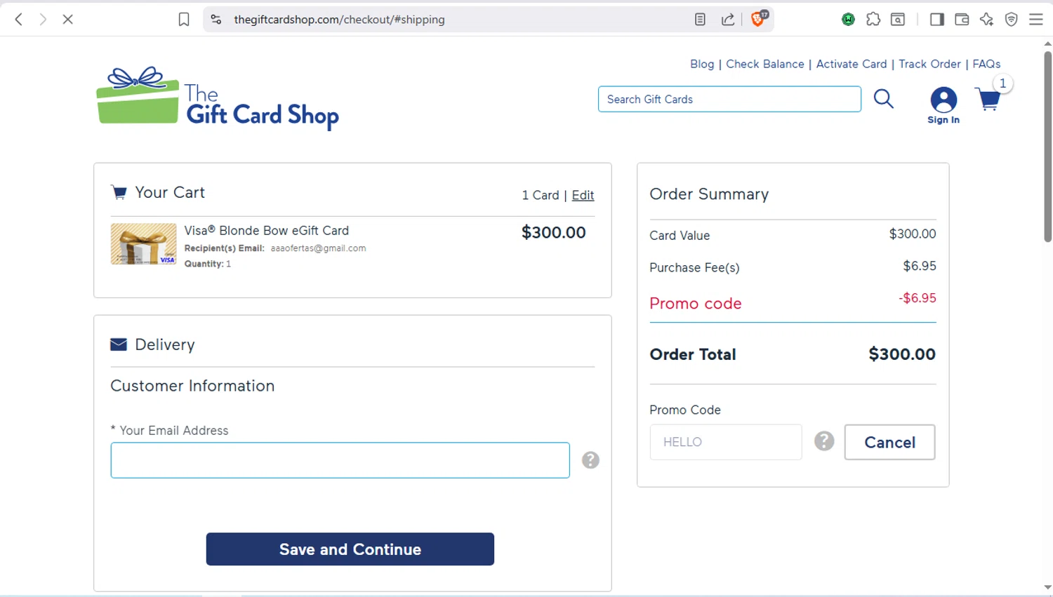 The Gift Card Shop promo code screenshot showing code HELLO applied at The Gift Card Shop checkout page. Uploaded by SimplyCodes community member dayselis15 on Nov 23, 2025