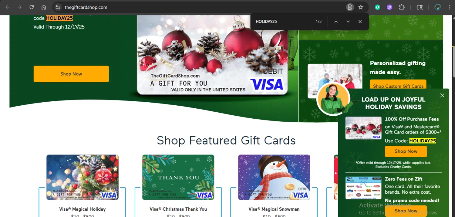 The Gift Card Shop checkout page showing The Gift Card Shop promo code box | Screenshot taken by SimplyCodes community member on Dec 6, 2025