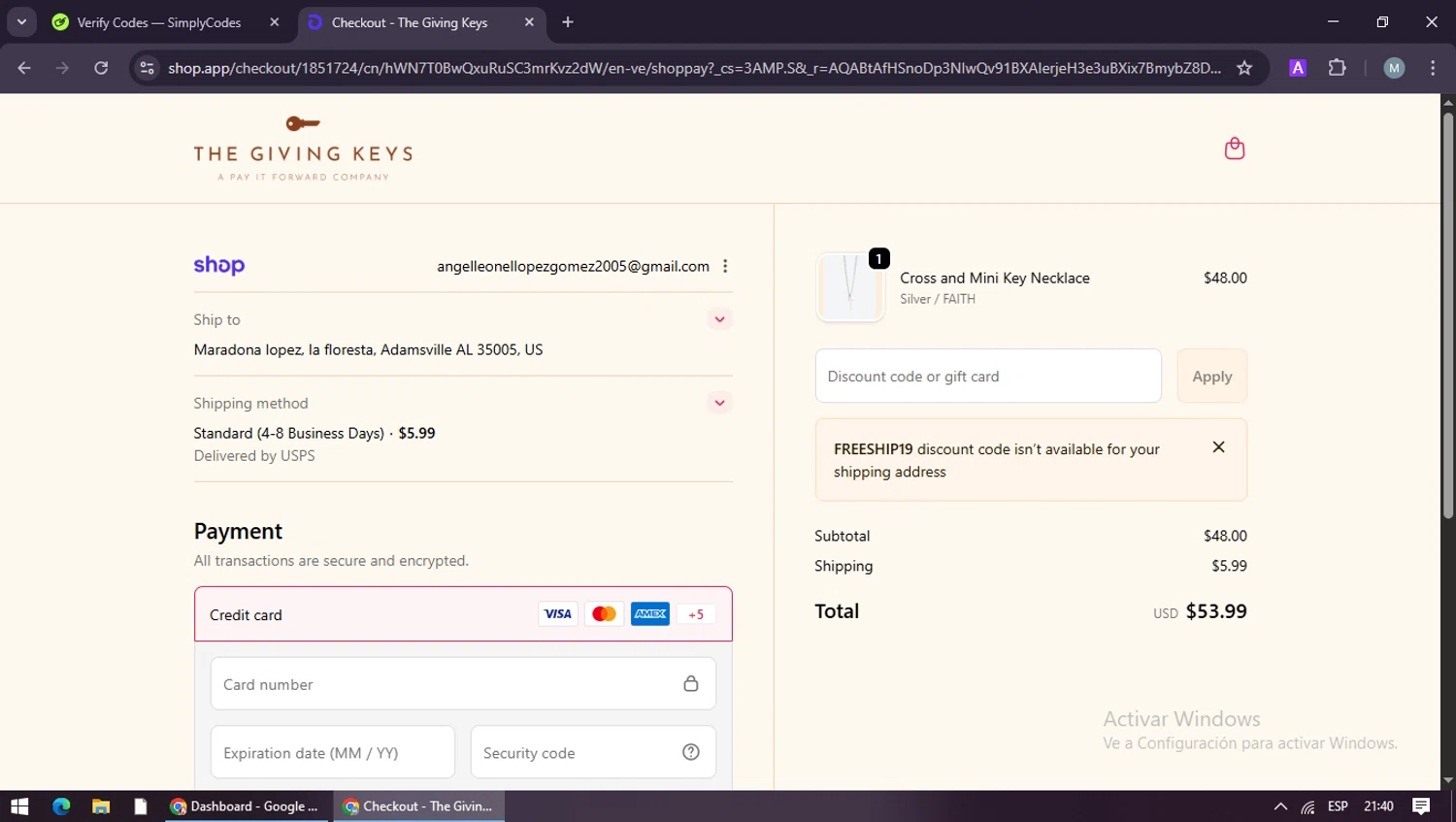 The Giving Keys promo code screenshot showing code freeship19 applied at The Giving Keys checkout page. Uploaded by SimplyCodes community member maraxo on Jan 11, 2026