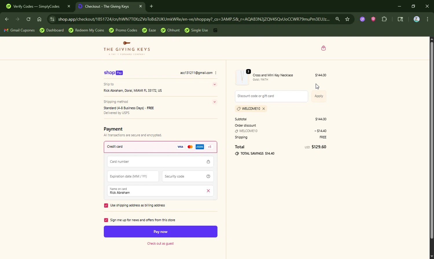 The Giving Keys promo code screenshot showing code WELCOME10 applied at The Giving Keys checkout page. Uploaded by SimplyCodes community member LHaunter2 on Jan 11, 2026
