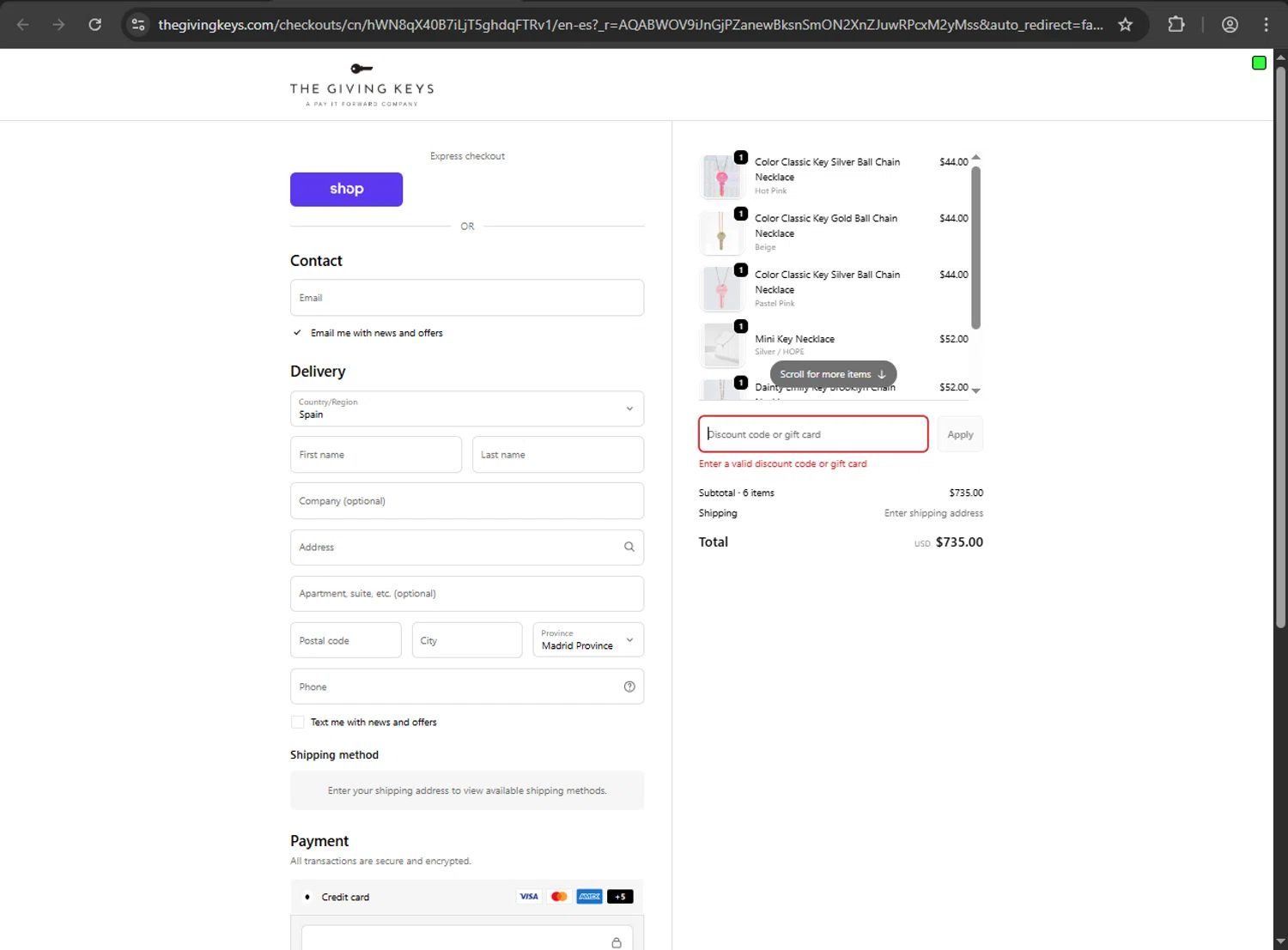 The Giving Keys promo code screenshot showing code LOVE20 applied at The Giving Keys checkout page. Uploaded by SimplyCodes community member webiwabo on Feb 16, 2026