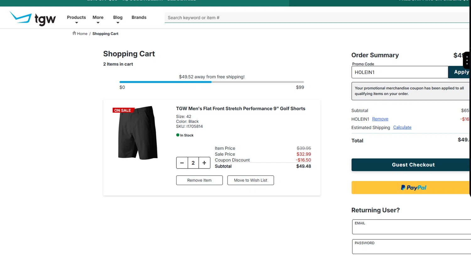 TGW promo code screenshot showing code HOLEIN1 applied at TGW checkout page. Uploaded by SimplyCodes community member valeriaantonieta on Jun 19, 2026