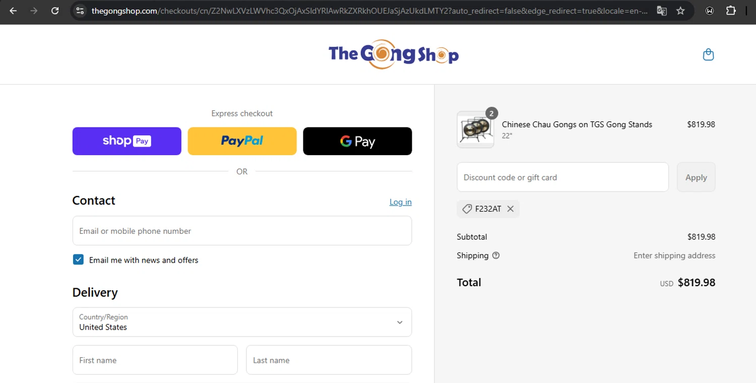 The Gong Shop discount code screenshot showing code F232AT applied at The Gong Shop checkout page. Uploaded by SimplyCodes community member RoyalSpotter5217 on Jun 4, 2025