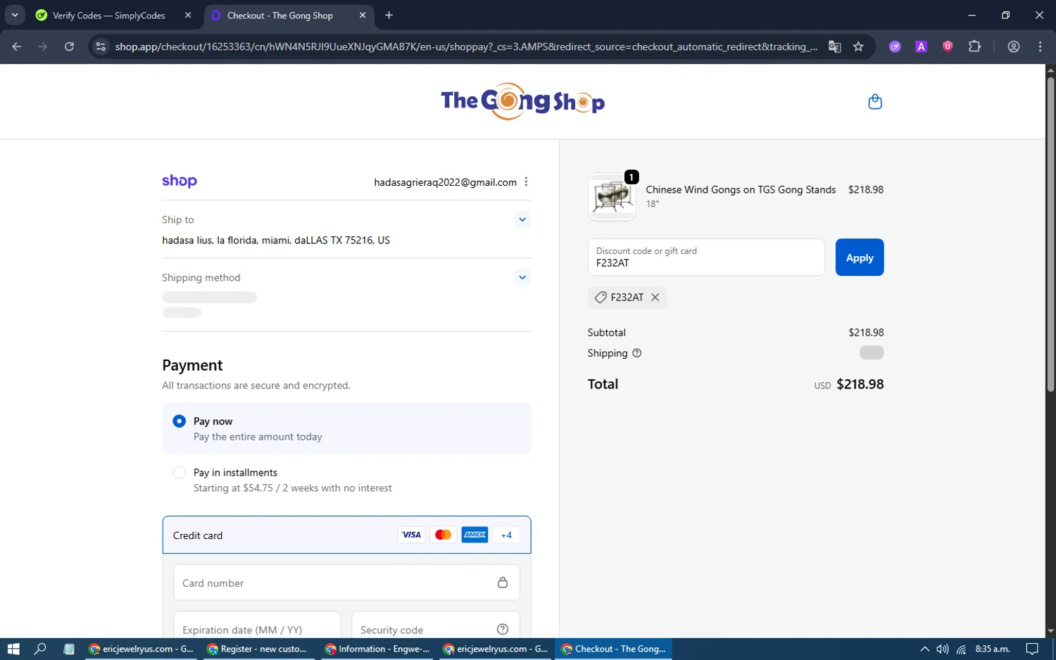 The Gong Shop discount code screenshot showing code F232AT applied at The Gong Shop checkout page. Uploaded by SimplyCodes community member bombom on Oct 21, 2025