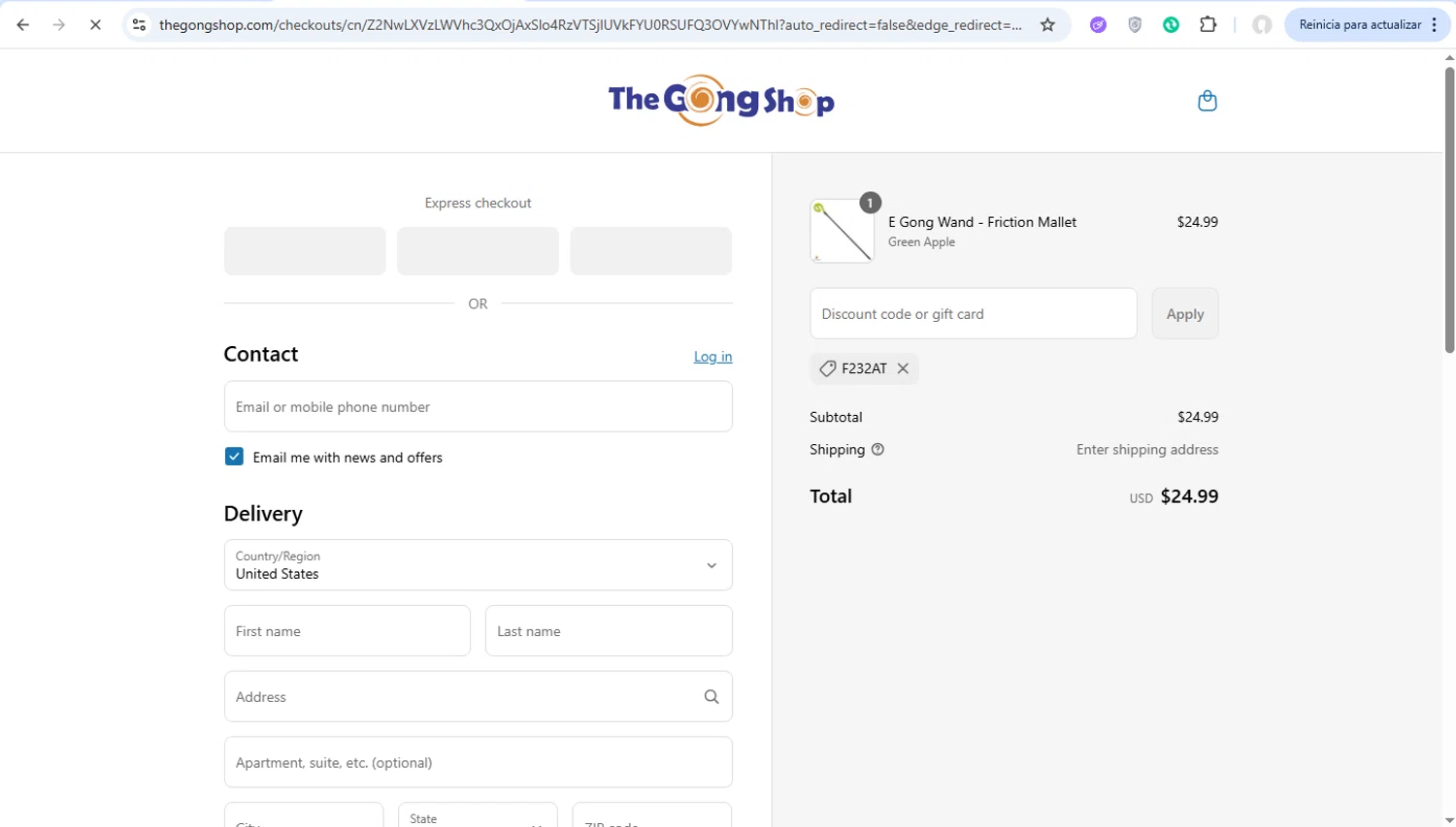 The Gong Shop discount code screenshot showing code F232AT applied at The Gong Shop checkout page. Uploaded by SimplyCodes community member user1998 on Jul 3, 2025