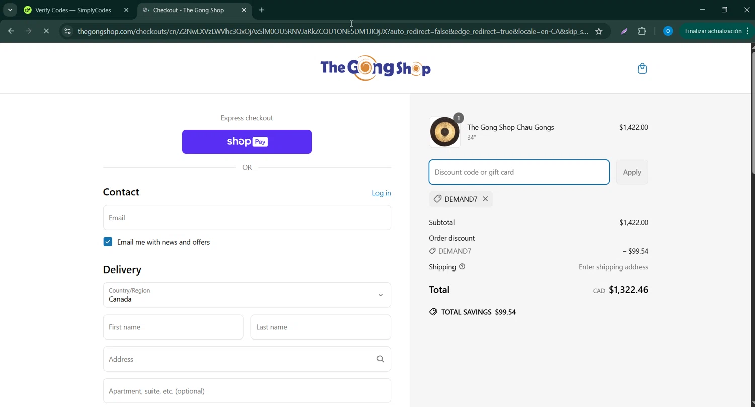 The Gong Shop discount code screenshot showing code DEMAND7 applied at The Gong Shop checkout page. Uploaded by SimplyCodes community member RoyalSage9159 on Apr 18, 2025