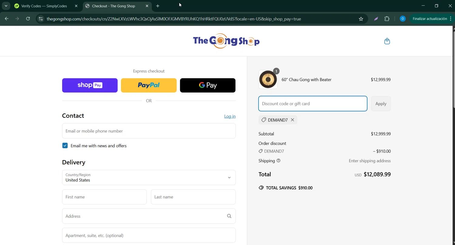 The Gong Shop discount code screenshot showing code DEMAND7 applied at The Gong Shop checkout page. Uploaded by SimplyCodes community member _____________ on Apr 18, 2025