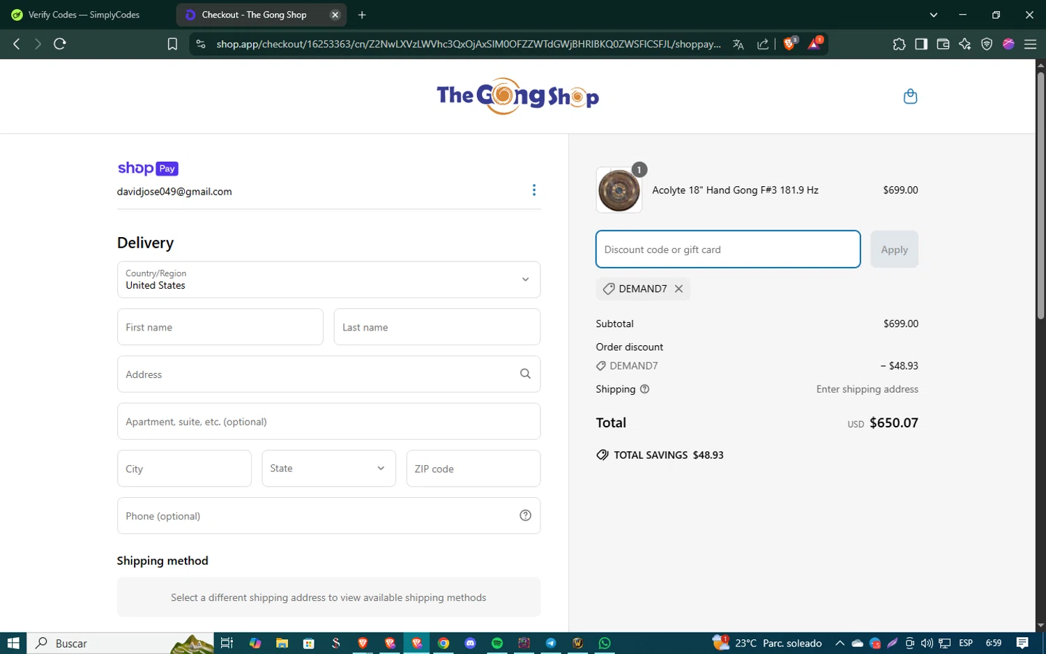 The Gong Shop discount code screenshot showing code DEMAND7 applied at The Gong Shop checkout page. Uploaded by SimplyCodes community member SmartSaver5448 on Apr 18, 2025