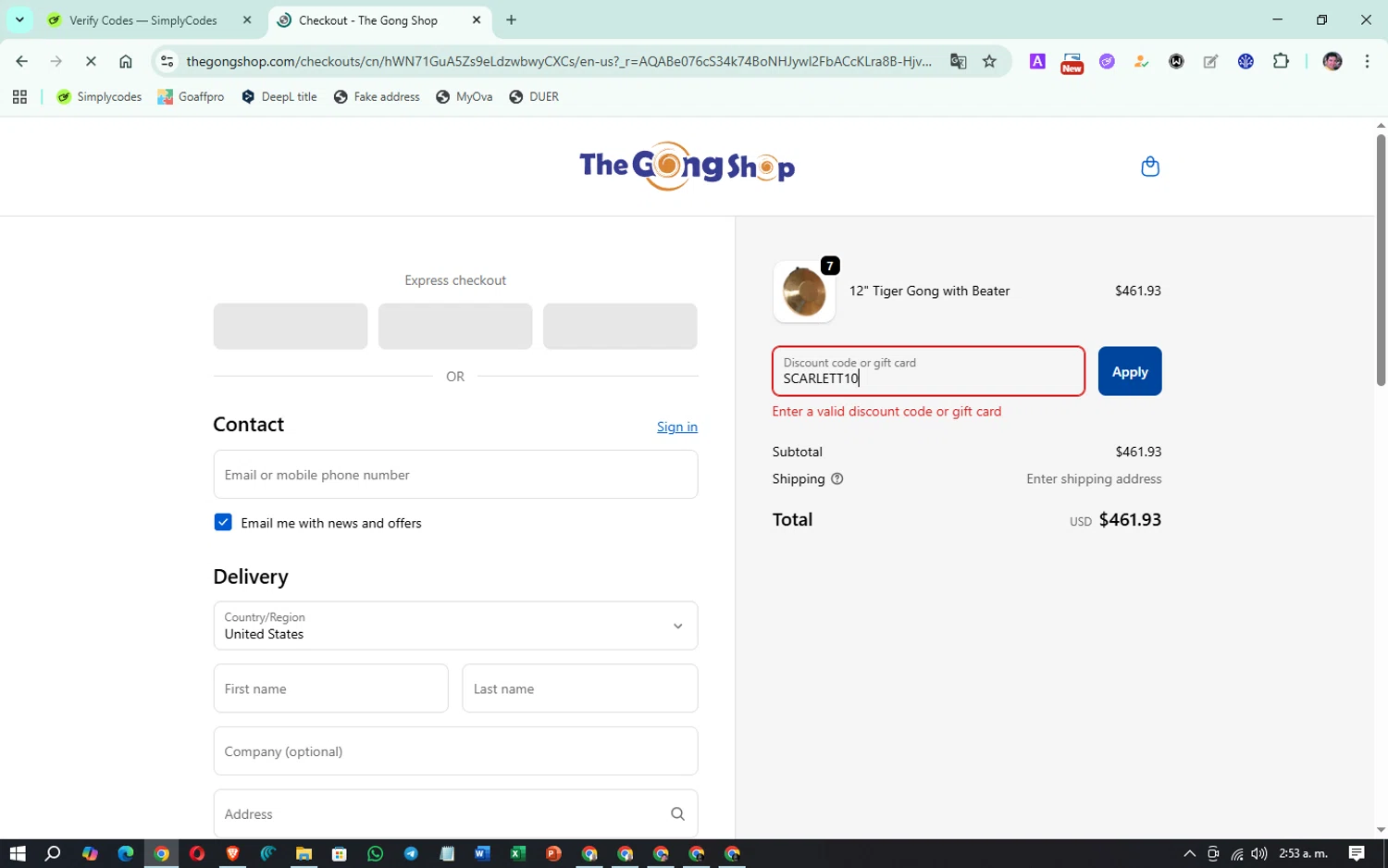 The Gong Shop discount code screenshot showing code SCARLETT10 applied at The Gong Shop checkout page. Uploaded by SimplyCodes community member Atlanta on Dec 30, 2025