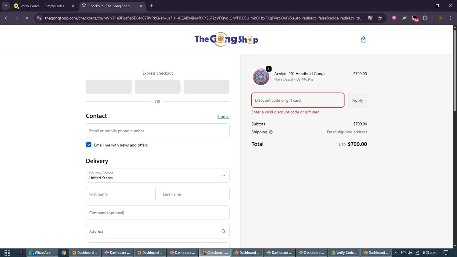 The Gong Shop discount code screenshot showing code SCARLETT10 applied at The Gong Shop checkout page. Uploaded by SimplyCodes community member GoldSentinel1426 on Dec 30, 2025