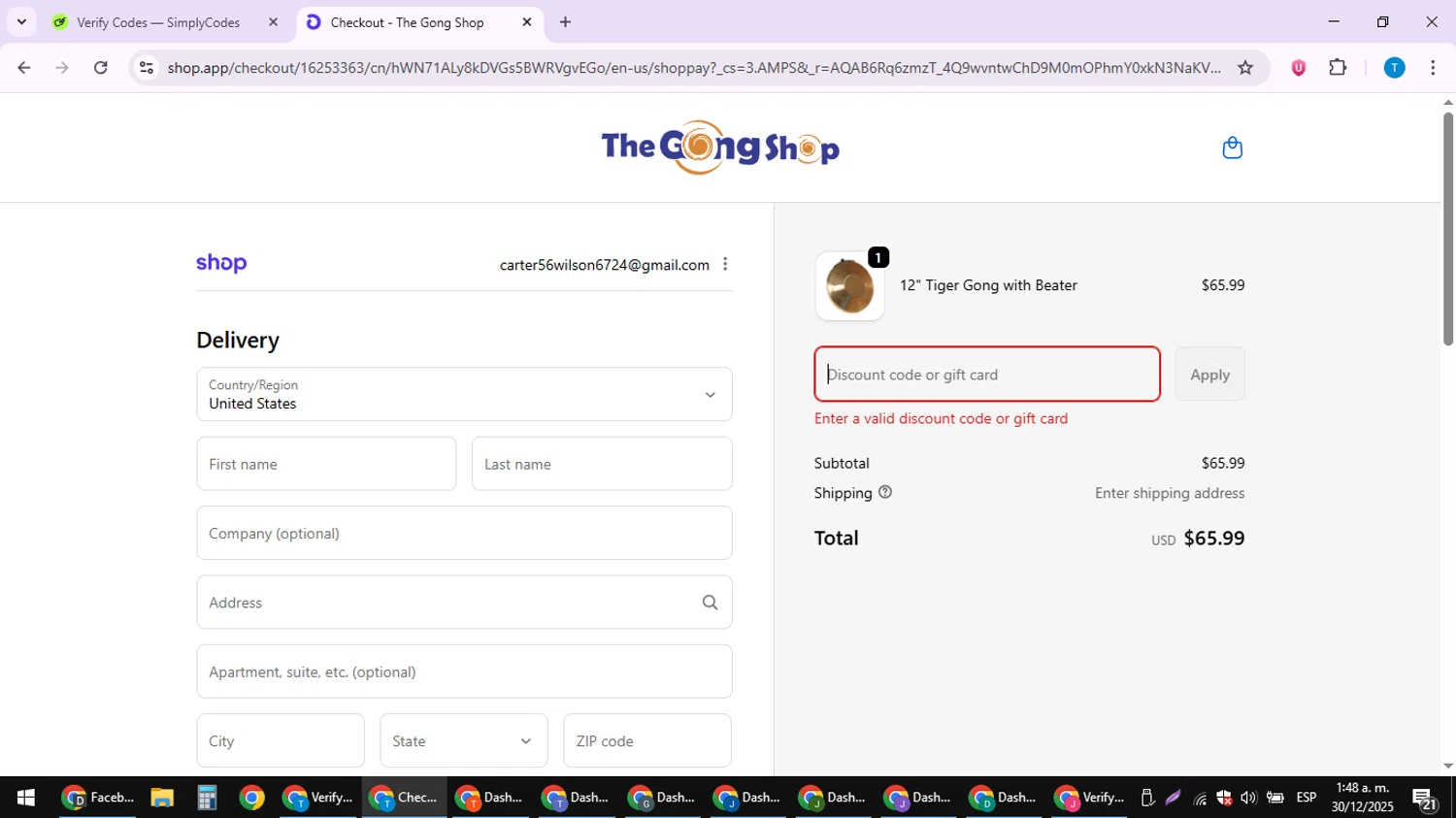 The Gong Shop discount code screenshot showing code SCARLETT10 applied at The Gong Shop checkout page. Uploaded by SimplyCodes community member LuckyPioneer4530 on Dec 30, 2025