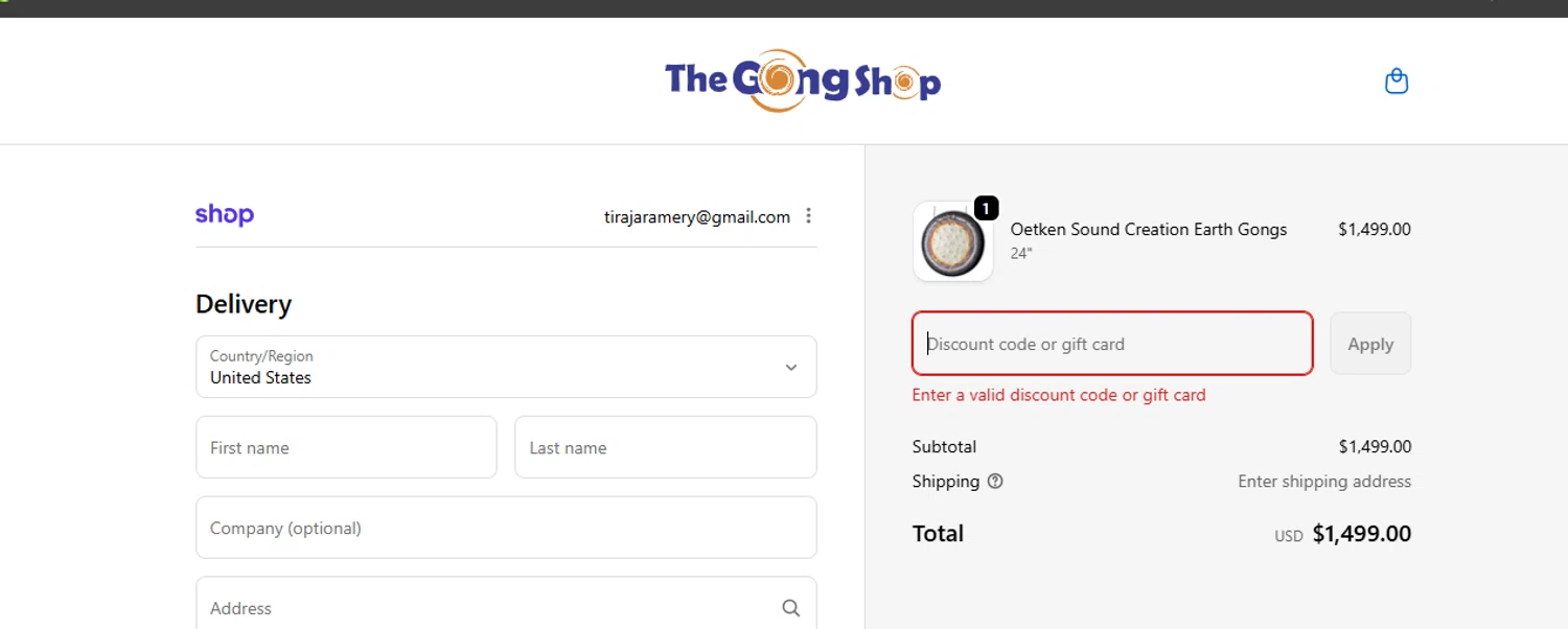 The Gong Shop discount code screenshot showing code VIKRAMPAL10 applied at The Gong Shop checkout page. Uploaded by SimplyCodes community member CoinHunter3841 on Jan 9, 2026