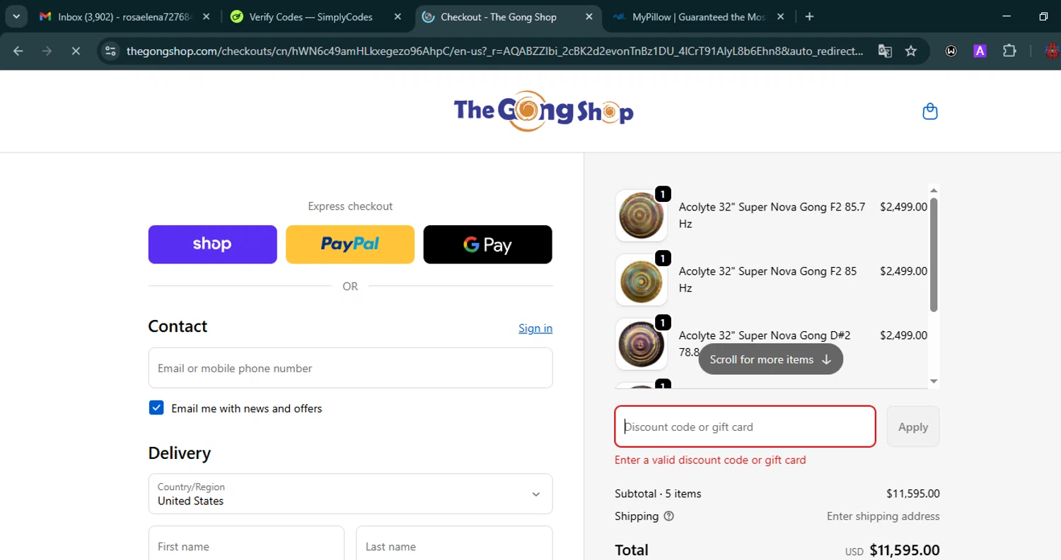 The Gong Shop discount code screenshot showing code HandGong applied at The Gong Shop checkout page. Uploaded by SimplyCodes community member VoucherHero6322 on Dec 19, 2025