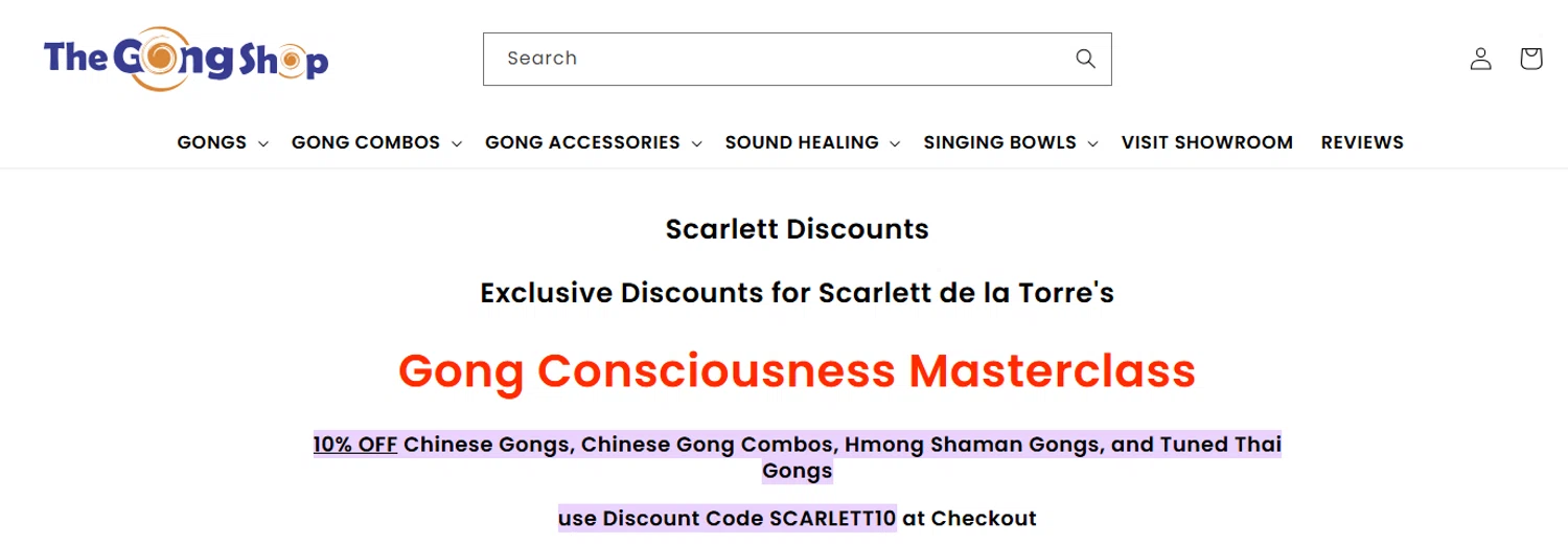 The Gong Shop promo code screenshot showing code SCARLETT10 applied at The Gong Shop checkout page. Uploaded by SimplyCodes community member PaulSkenes on Jun 10, 2026