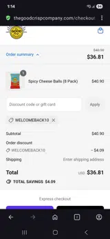 Welcomeback10 coupon verification screenshot