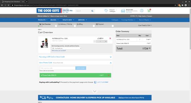 The Good Guys checkout page showing The Good Guys promo code box | Screenshot taken by SimplyCodes community member on Nov 10, 2020