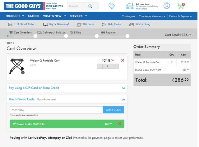 The Good Guys checkout page showing The Good Guys promo code box | Screenshot taken by SimplyCodes community member on May 17, 2021