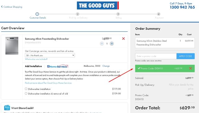 The Good Guys checkout page showing The Good Guys promo code box | Screenshot taken by SimplyCodes community member on Mar 10, 2023