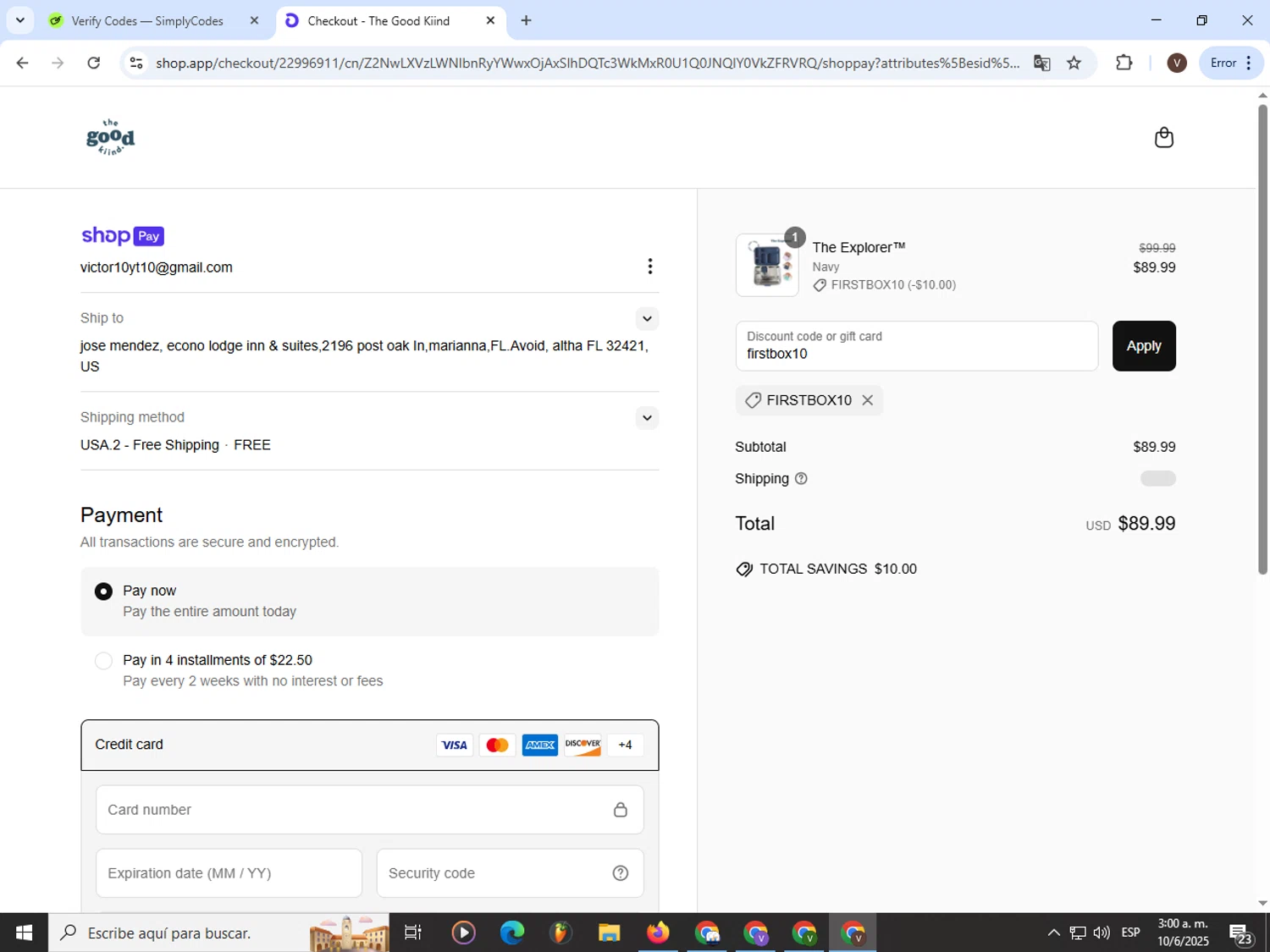 The Good Kiind promo code screenshot showing code firstbox10 applied at The Good Kiind checkout page. Uploaded by SimplyCodes community member CashLion3448 on Jun 10, 2025