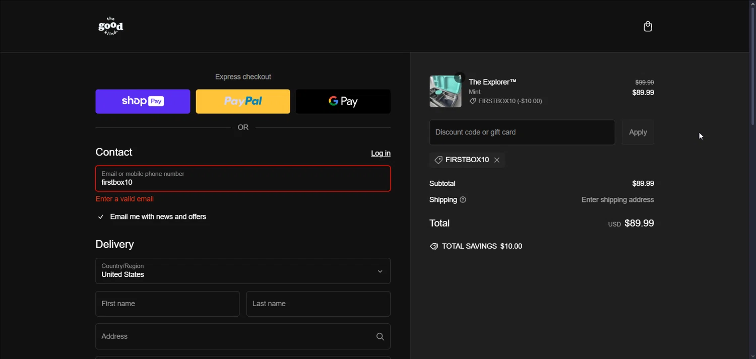 The Good Kiind promo code screenshot showing code firstbox10 applied at The Good Kiind checkout page. Uploaded by SimplyCodes community member KarlLM on Mar 3, 2025