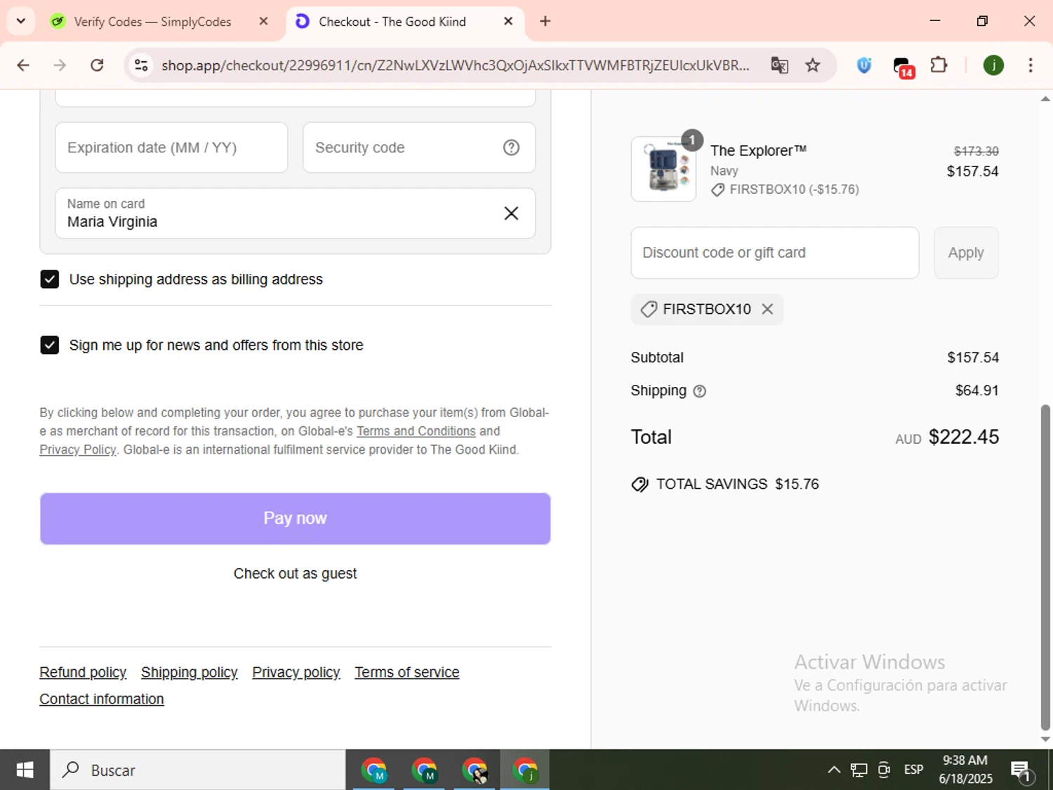 The Good Kiind promo code screenshot showing code firstbox10 applied at The Good Kiind checkout page. Uploaded by SimplyCodes community member SavingsCollector2592 on Jun 18, 2025