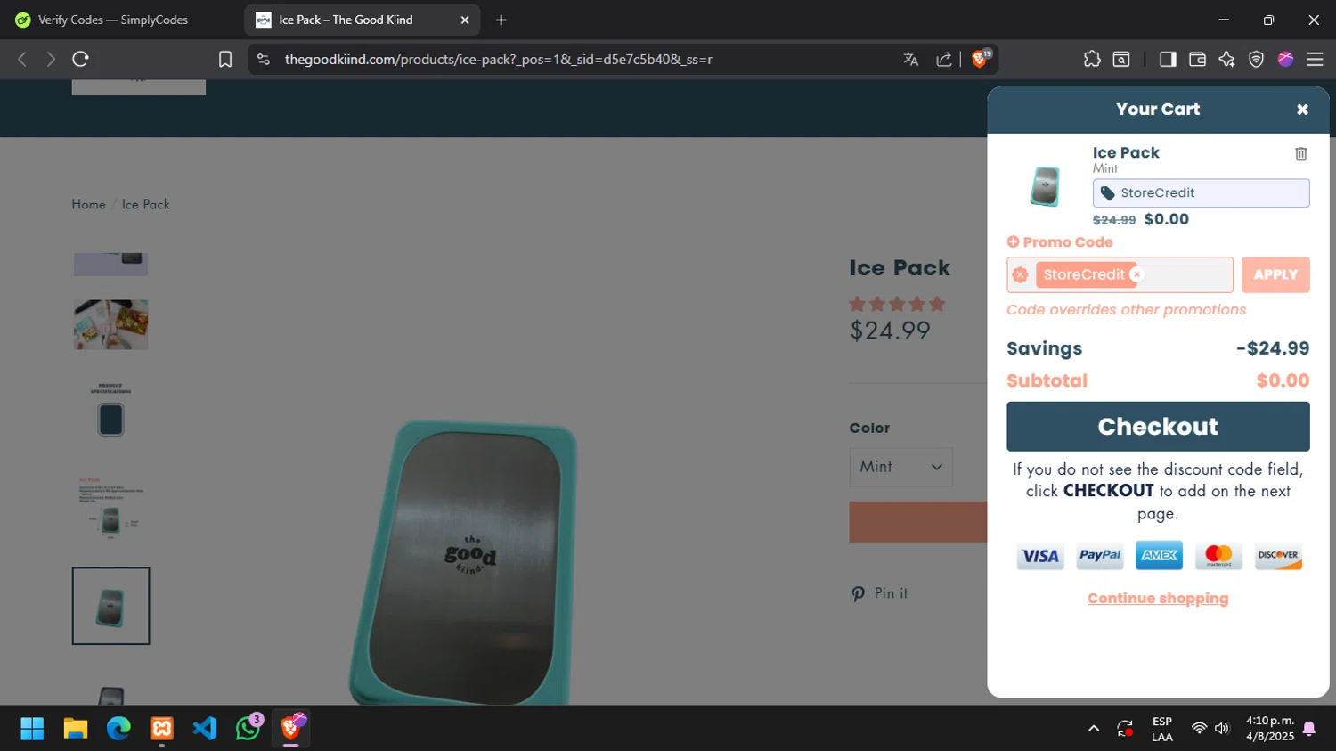 The Good Kiind promo code screenshot showing code StoreCredit applied at The Good Kiind checkout page. Uploaded by SimplyCodes community member DaniTsu on Aug 4, 2025